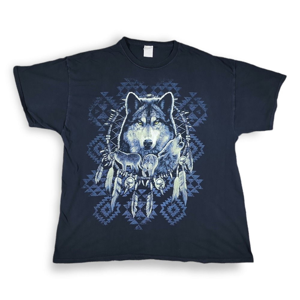 Vintage Fruit Of The Loom Wolf Graphic Print‎ Black T-Shirt Men's 2XL